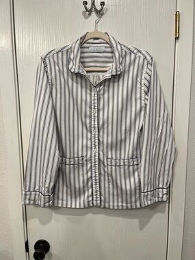 LAKE Pajama Top Blue White Stripe Stretch Cotton Button Front Women’s Small